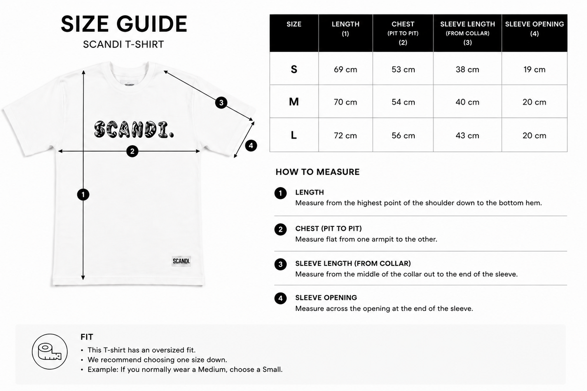 Size guide for SCANDI CHROME T-SHIRT